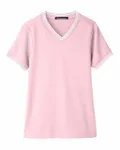 Devon & Jones Ladies' CrownLux Performance Plaited Tipped V-Neck Pink/ White