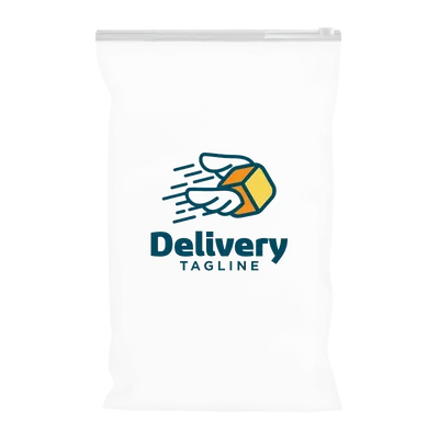 8 in x 12 in A white custom poly mailer features a colorful logo with the text 'Delivery TAGLINE,' suggesting a brandable package for shipping purposes.