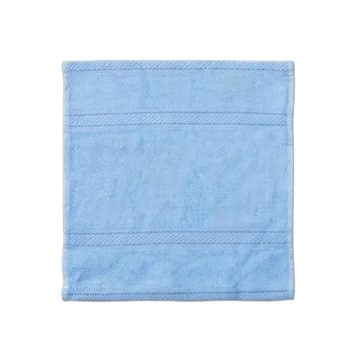 A neatly folded light blue personalized hand towel displayed against a plain, dark background.