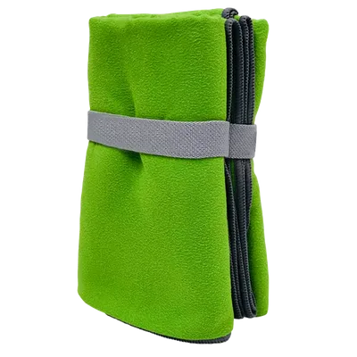 Green custom cooling towel with a gray strap and black zipper, designed for comfort and personalization.