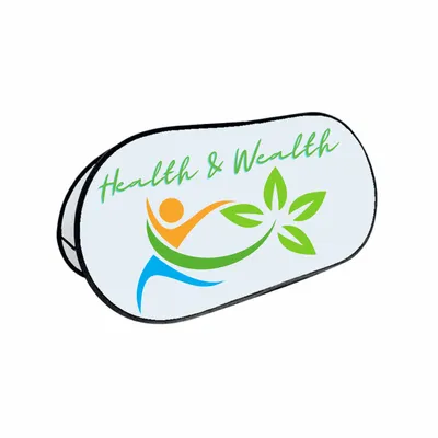 This is a horizontal pop-up banner with the text 'Health & Wealth,' featuring a stylized human figure and leaves in a colorful design, likely for a wellness brand promotion.