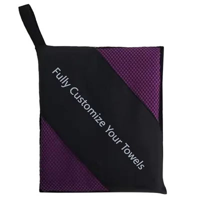 A folded black and purple towel displaying the text 'Fully Customize your Towels' suggests options for personalized towels.