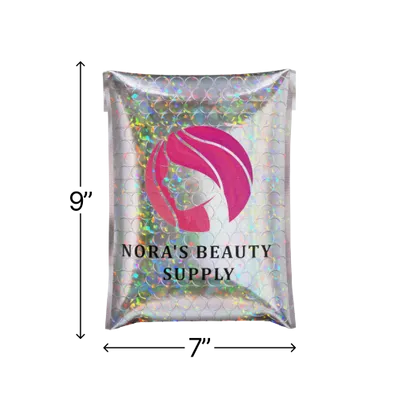 7 in x 9 in A holographic bubble mailer with the custom branding 'NORA'S BEAUTY SUPPLY' featuring a pink hair silhouette logo, showcasing a packaging option for beauty products.