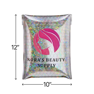 10 in x 12 in A holographic poly mailer with 'NORA'S BEAUTY SUPPLY' printed on it, customized with a pink and purple hair logo, designed for mailing beauty products.