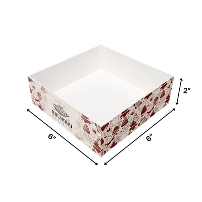 6 in x 6 in x 2 in A custom-designed, open-top cardboard box, with a floral pattern and the text 'PACKHARD' on the sides, displayed on a plain background.