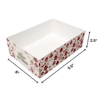 8 in x 5.5 in x 2.5 in A custom-branded cardboard box with a white interior and a pattern of red lobsters on the exterior, positioned diagonally for display.