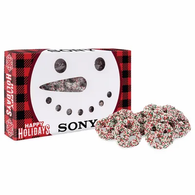 Snowman Die Cut Box with Milk Chocolate Christmas Mini Pretzels - Custom Canvas Now