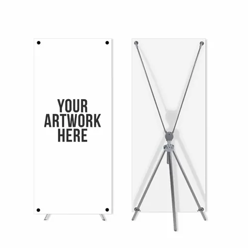 A white banner stand with the placeholder text 'YOUR ARTWORK HERE' displayed; the stand is shown from the front and back on a blank background.