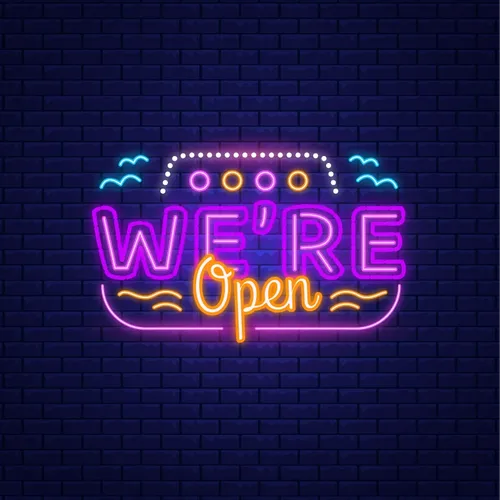 We're Open with Wave Lines Neon Sign - Custom Canvas Now