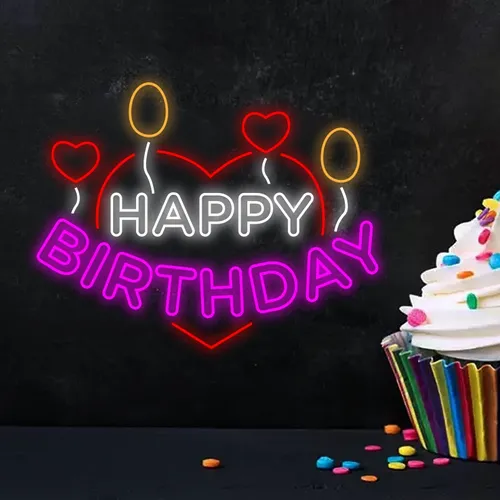 Happy Birthday Heart and Balloon Neon Sign - Custom Canvas Now