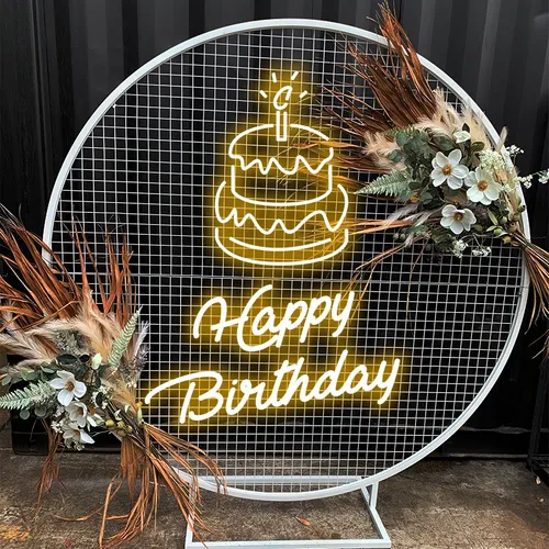 Happy Birthday with Cake on Top Neon Sign - Custom Canvas Now