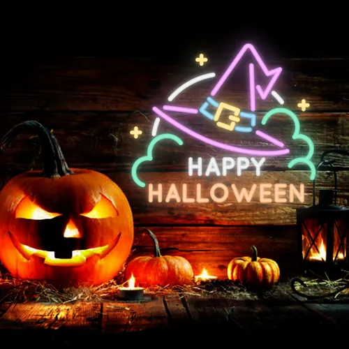 Happy Halloween Hat Neon Sign - Custom Canvas Now