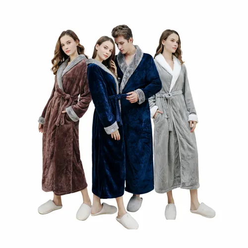 Four models showcasing plush robes in different colors, standing against a white background. They represent a selection of plush robes available for personalization.