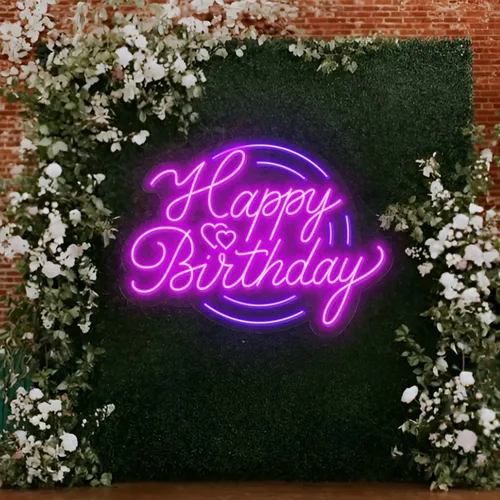 Happy Birthday Purplish Neon Sign - Custom Canvas Now