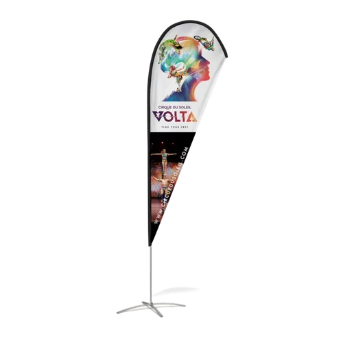 A teardrop-shaped banner stand with 'Cirque du Soleil VOLTA' advertisement, featuring colorful artwork, mounted on a metal base, likely for display or promotional purposes.