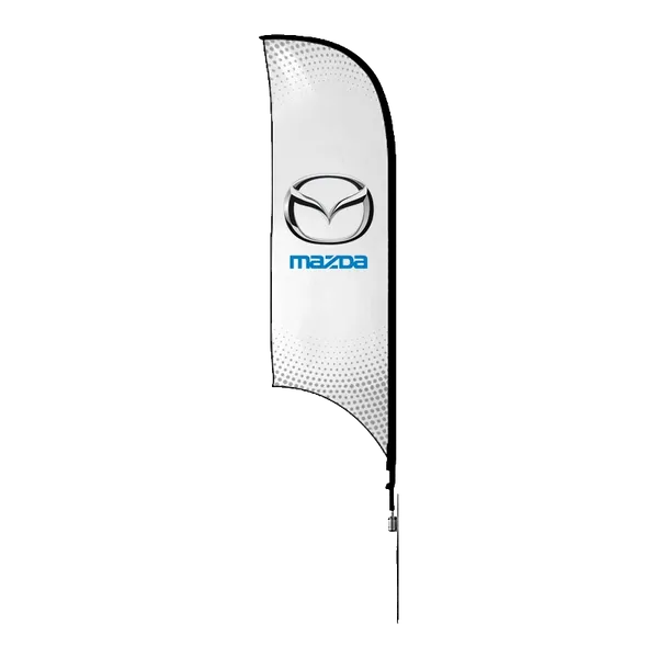 A white feather flag with a Mazda logo and text, standing upright against a black background.