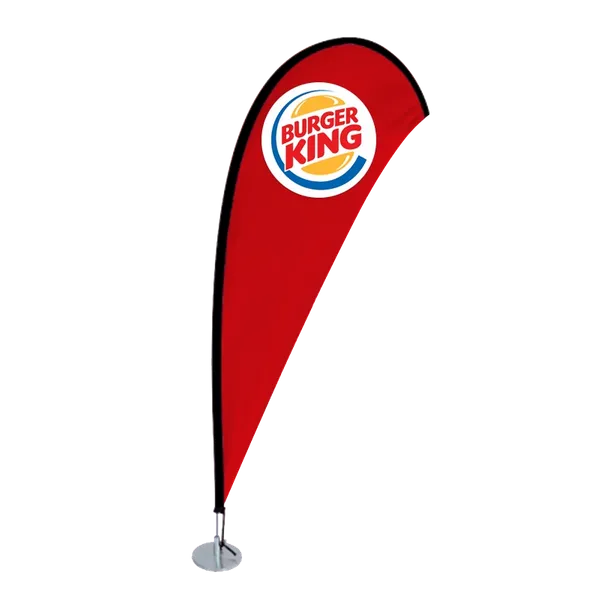 A teardrop promotional banner branded with the 'Burger King' logo, displayed on a stand, likely used for advertising at events or outside a store.