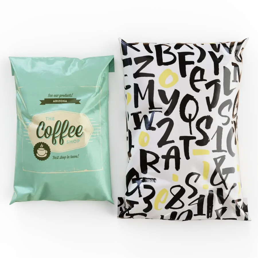 Two custom poly mailers with branding on a plain background; the left is teal with a coffee shop logo, the right features a black and yellow abstract alphabet design.
