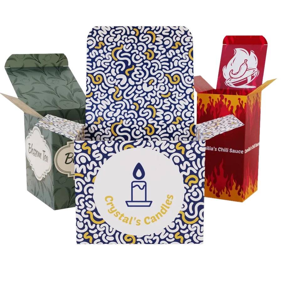 Custom-designed packaging boxes for various products, including tea, candles, and chili sauce, illustrating personalized branding and unique patterns.