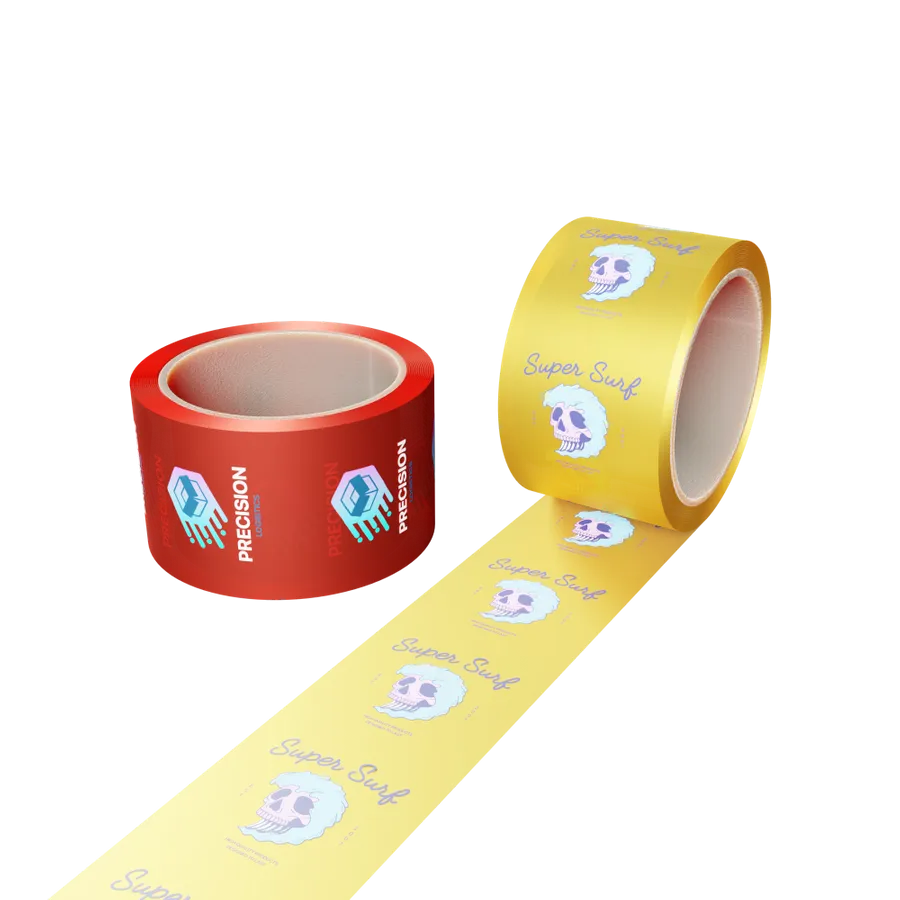 Custom-branded packing tape featuring a red roll labeled 'PRECISION' and a yellow roll with 'Super Safe' graphics, representing packaging solutions.