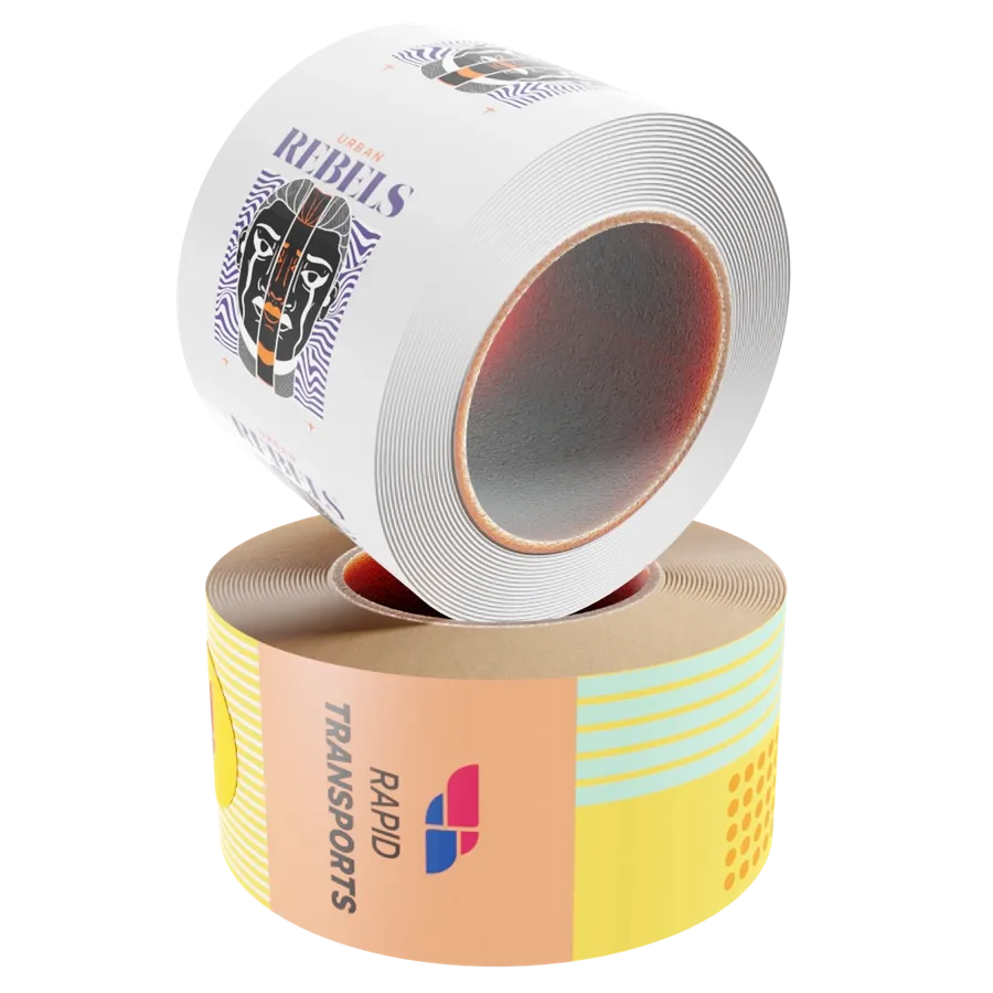Custom-branded adhesive tape rolls are displayed, one showcasing a 'URBAN REBELS' design and the other 'RAPID TRANSPORTS,' representing shipping-related products.
