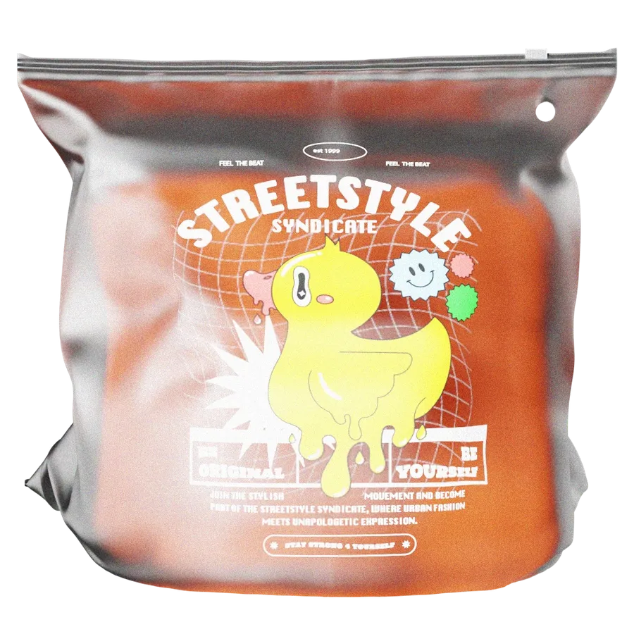 This is an image of a custom-designed poly mailer featuring bold graphics with text 'STREETSTYLE SYNDICATE,' a cartoon bird, and slogans promoting individual expression in urban fashion.